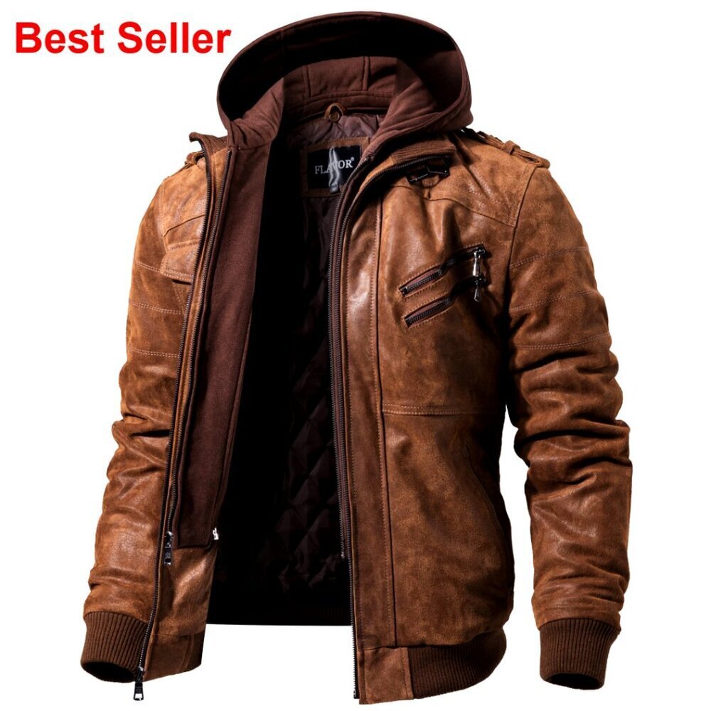 Brown Leather Motorcycle Jacket with Removable Hood